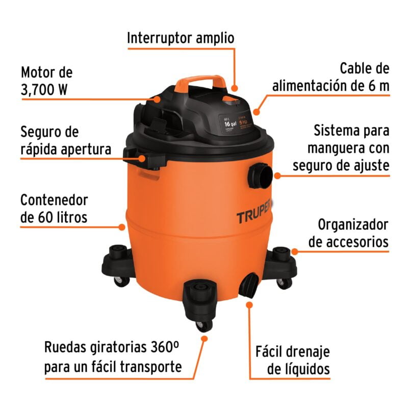 Aspiradora TRUPER Seco:Húmedo 60 Lts 101520 partes