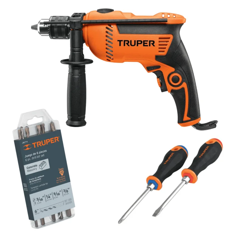 Combo Taladro Percutor Truper 1:2 650W + Brocas y Atornilladores 100291