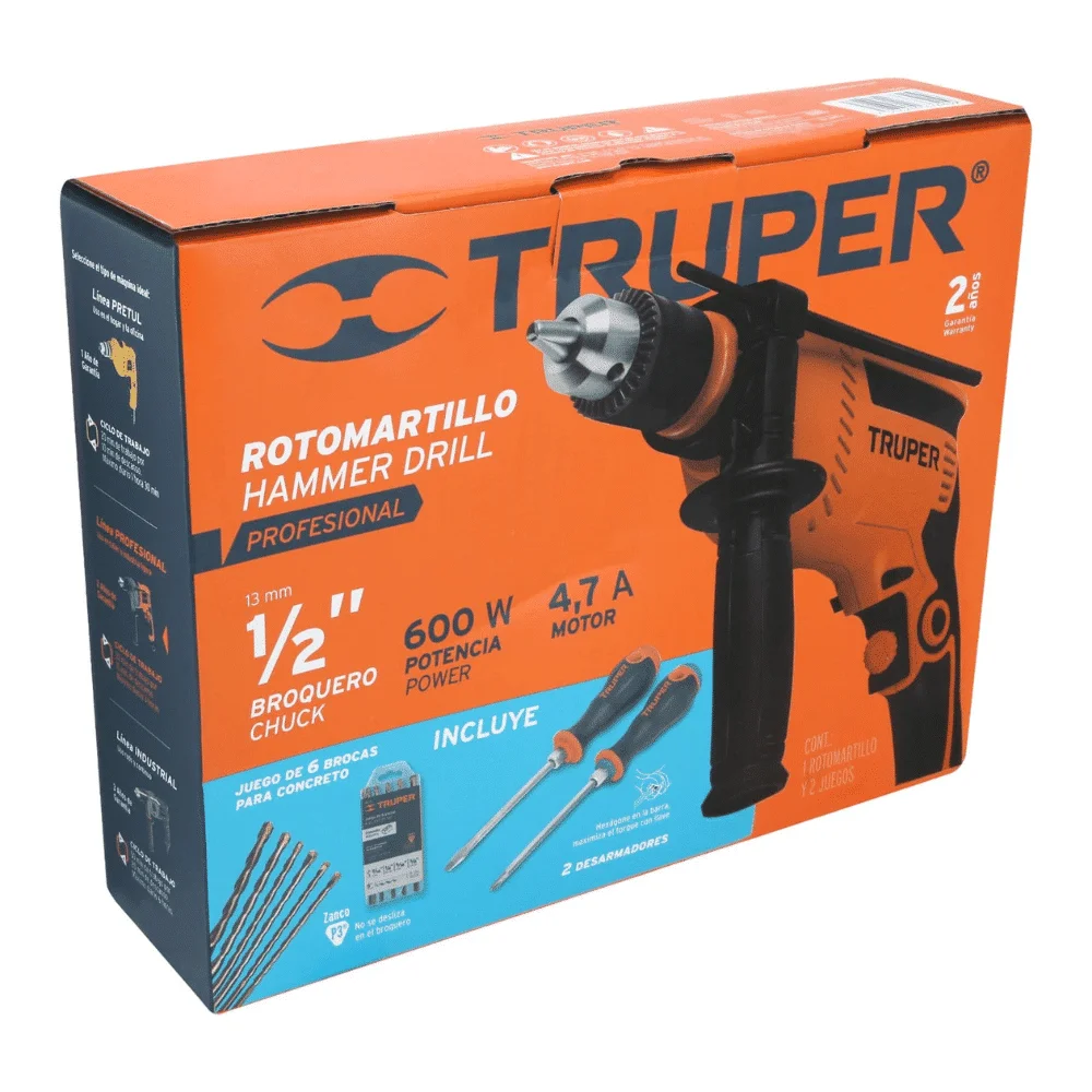 Combo Taladro Percutor Truper 1:2 650W + Brocas y Atornilladores 100291 caja
