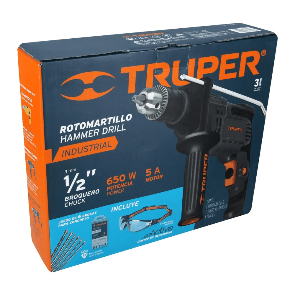 Combo Taladro Percutor Truper 1:2 700W + Brocas y Gafas 100292 caja