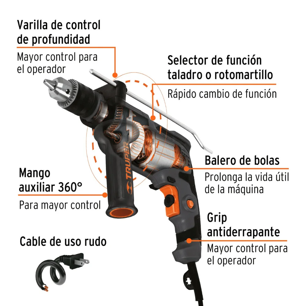 Taladro Percutor Truper 1:2 700W Industrial 19457 partes