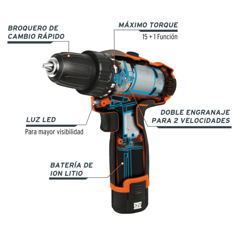 Taladro Atornillador Inalambrico Truper 12V 3/8" 18653