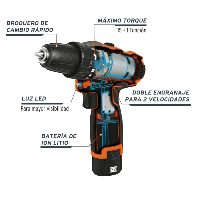 Taladro Atornillador Inalambrico Truper 12V 3/8" 18653