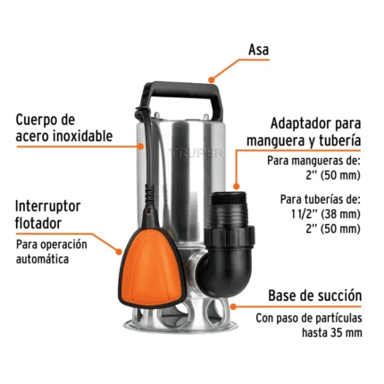Bomba Sumergible Truper Acero Inox. Agua Sucia 1hp 12607