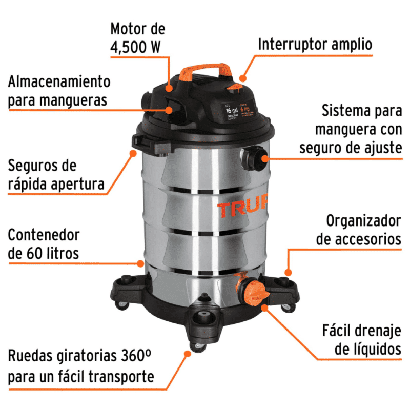 Aspiradora Truper Acero Inoxidable 16 Galones 101525