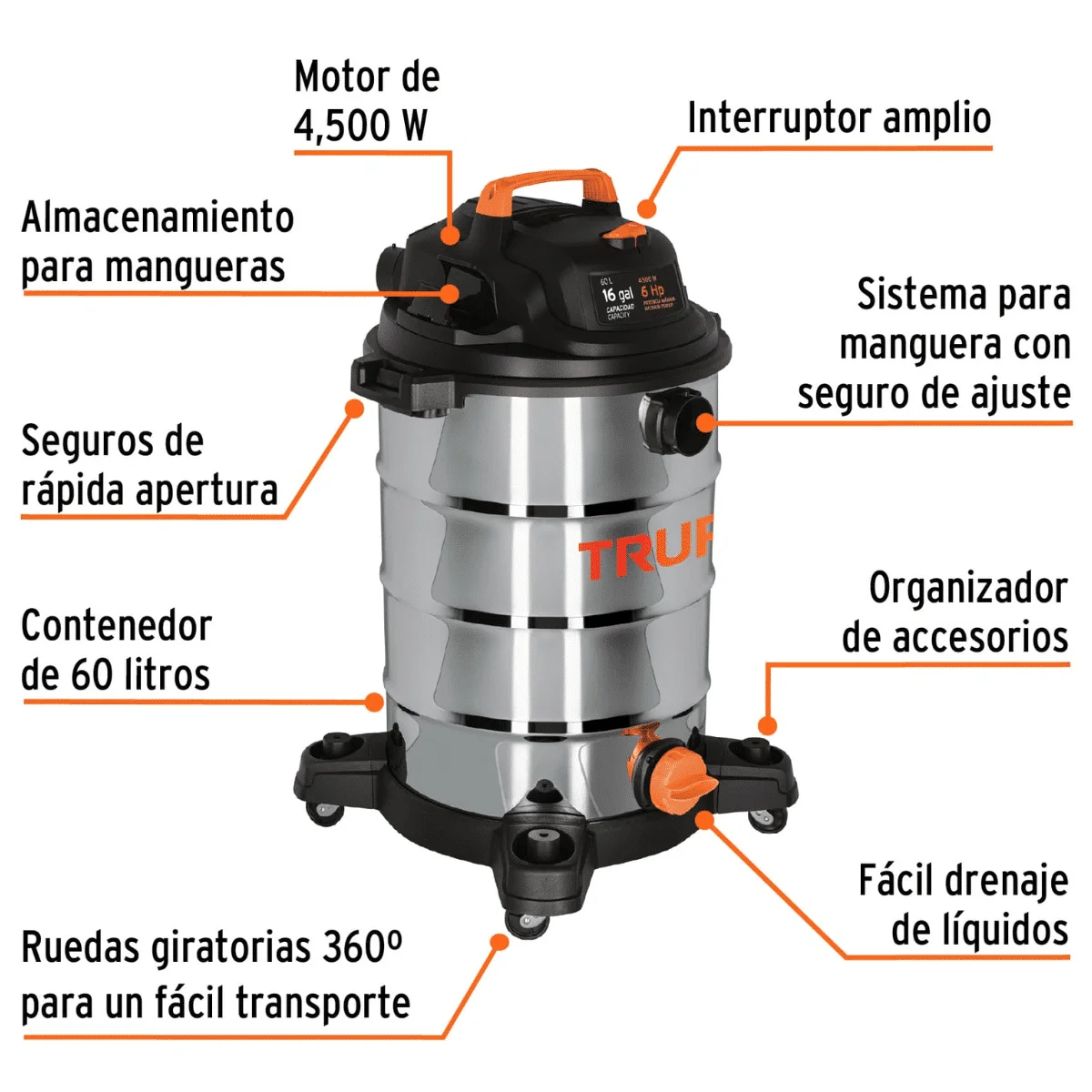 Aspiradora Truper Acero Inoxidable 16 Galones 101525