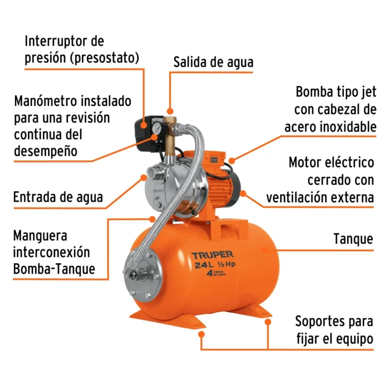 Bomba Hidroneumatica 0.5hp Tanque 24 Litros Truper 10077