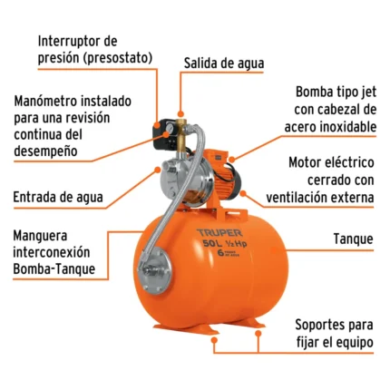 Bomba Hidroneumatica 0.5hp Tanque 50 Litros Truper 12254