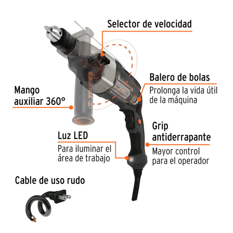 Taladro Percutor Truper 1:2 1.200W Industrial 19325 partes